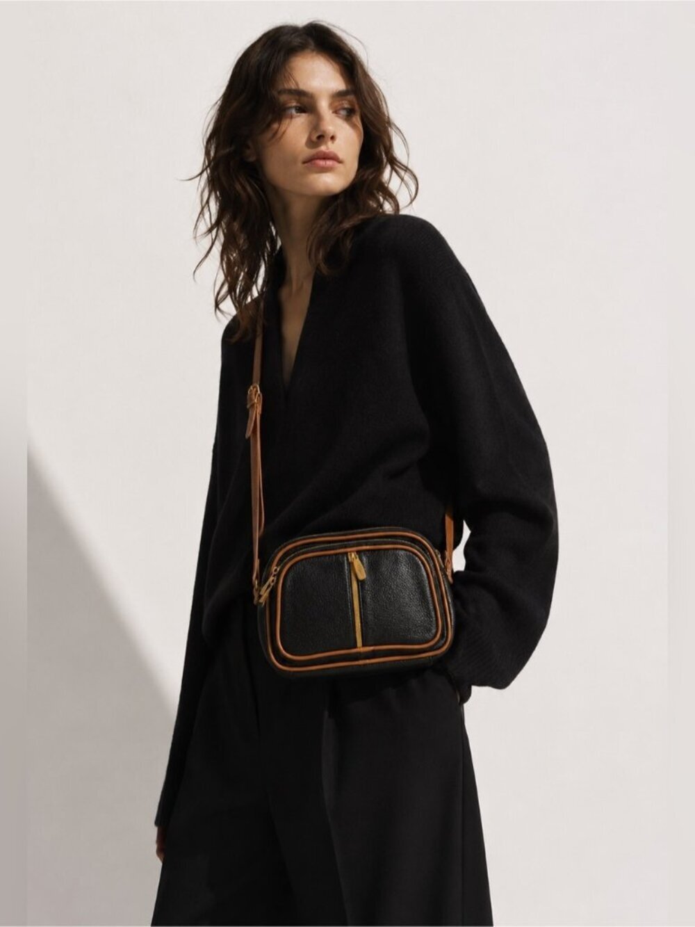 Valentina Genuine Leather Black & Tan Crossbody Bag Made in Italy